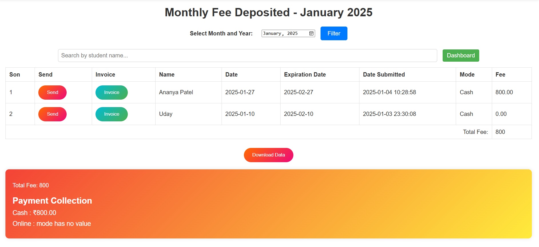 Monthly Fee Entries