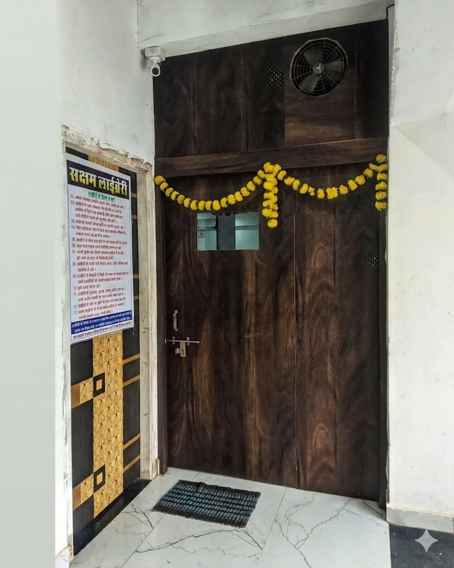 Main entrance and wooden gateway to the library's study room. Features a professional dark wood door decorated with a traditional garland, a security CCTV camera, and a library rules poster on the wall.