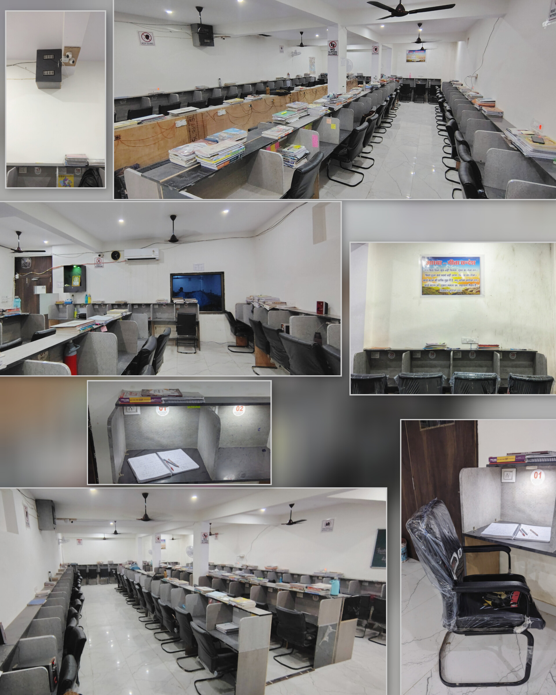 Full interior overview of the library's premium study hall. Showcases spacious personal study cabins with individual charging points, LED lights, comfortable ergonomic seating, fully air-conditioned (AC) environment, and CCTV security.